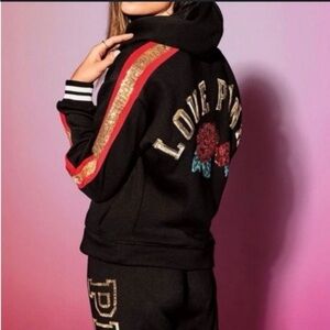 Love Pink Victoria’s Secret Sequin Bling Hoodie RARE roses  Y2k XS  Gorgeous